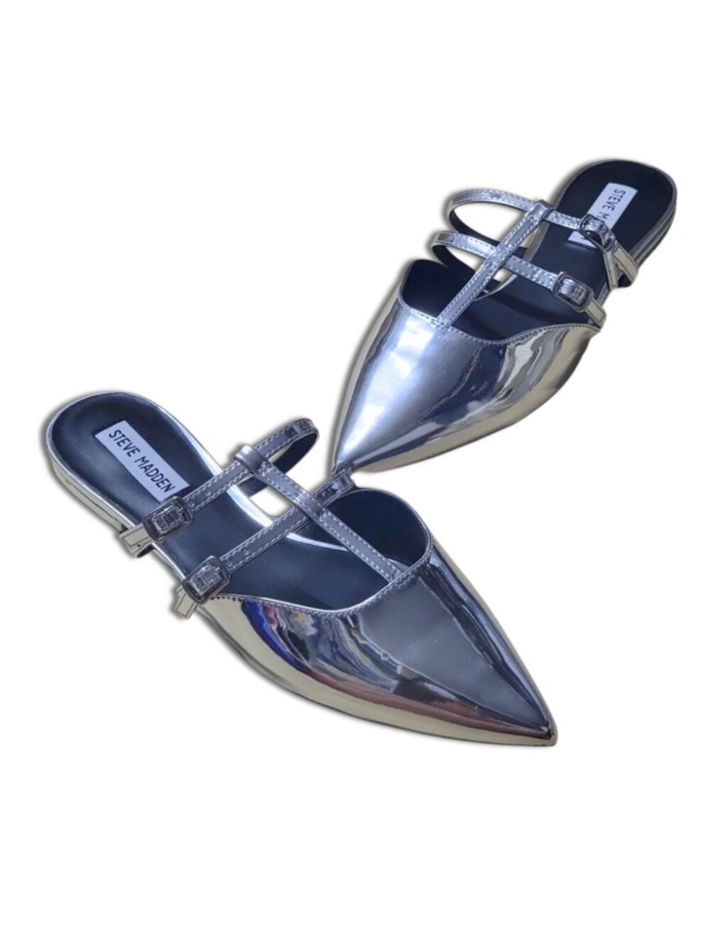 NEW Steve Madden Point Toe Metallic Silver Buckle Caged Mule Flats